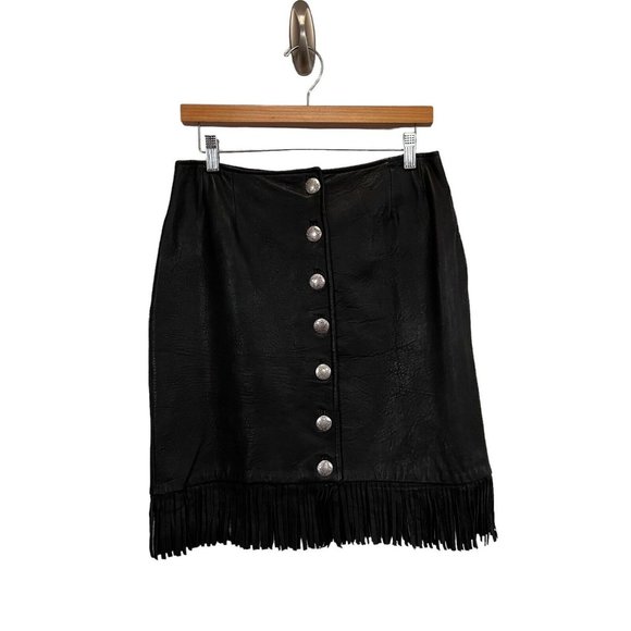 Vintage Pioneer Wear Black Leather Fringe Western Biker Skirt Conchos Sz 12